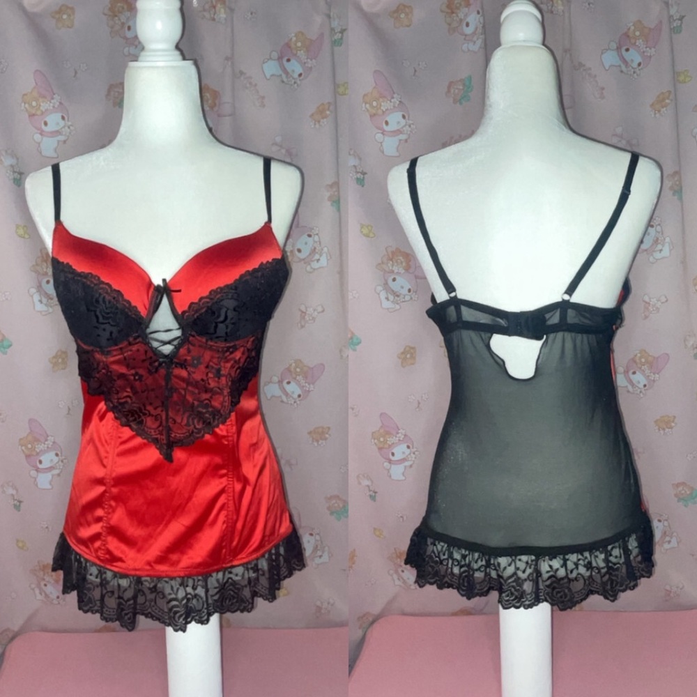 Felina Lingerie Red Corset Style Top with Black Lace Details